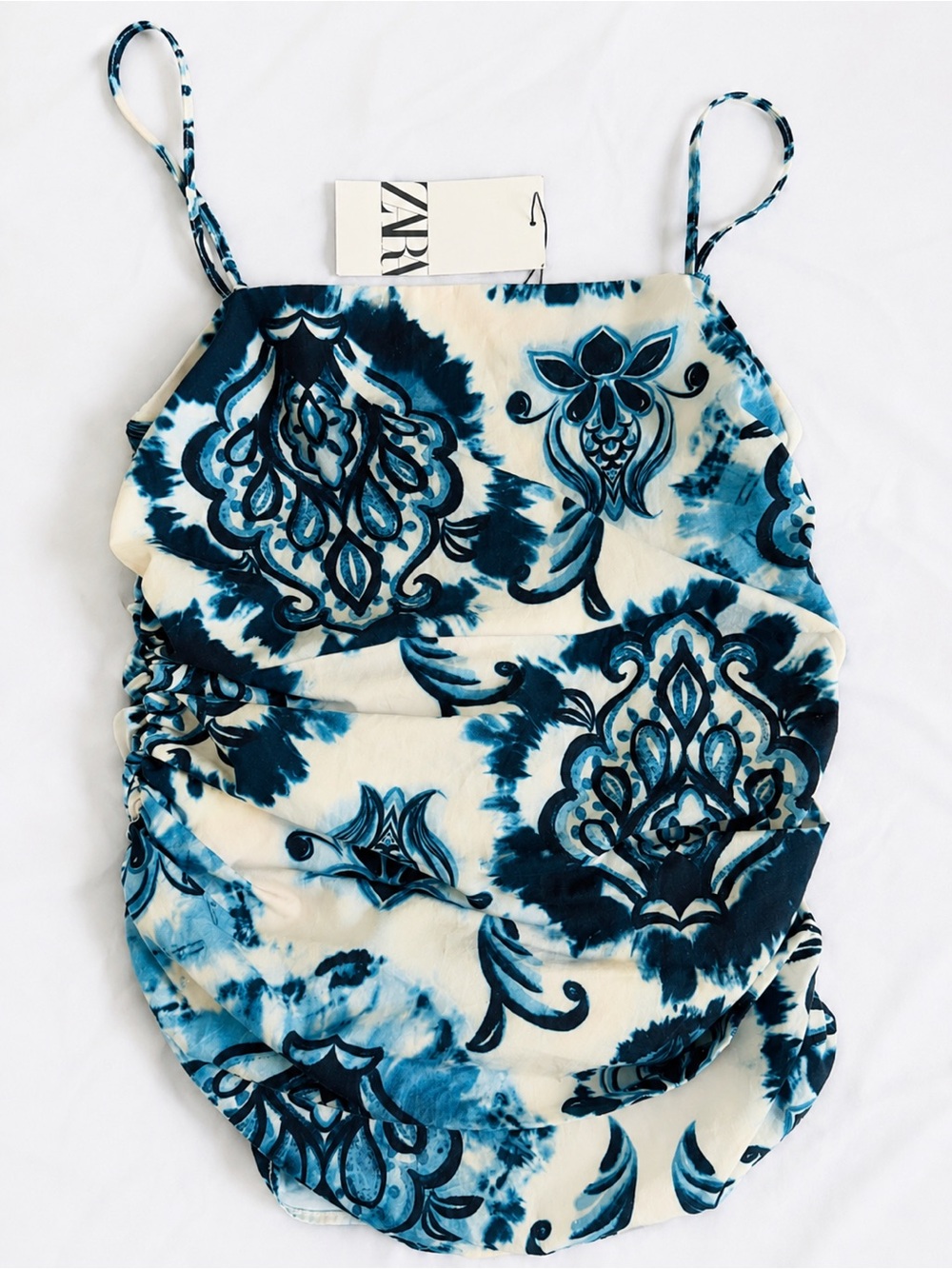 Zara NWT Blue White Printed Ruched Cami Top Size Medium - Picture 3 of 9